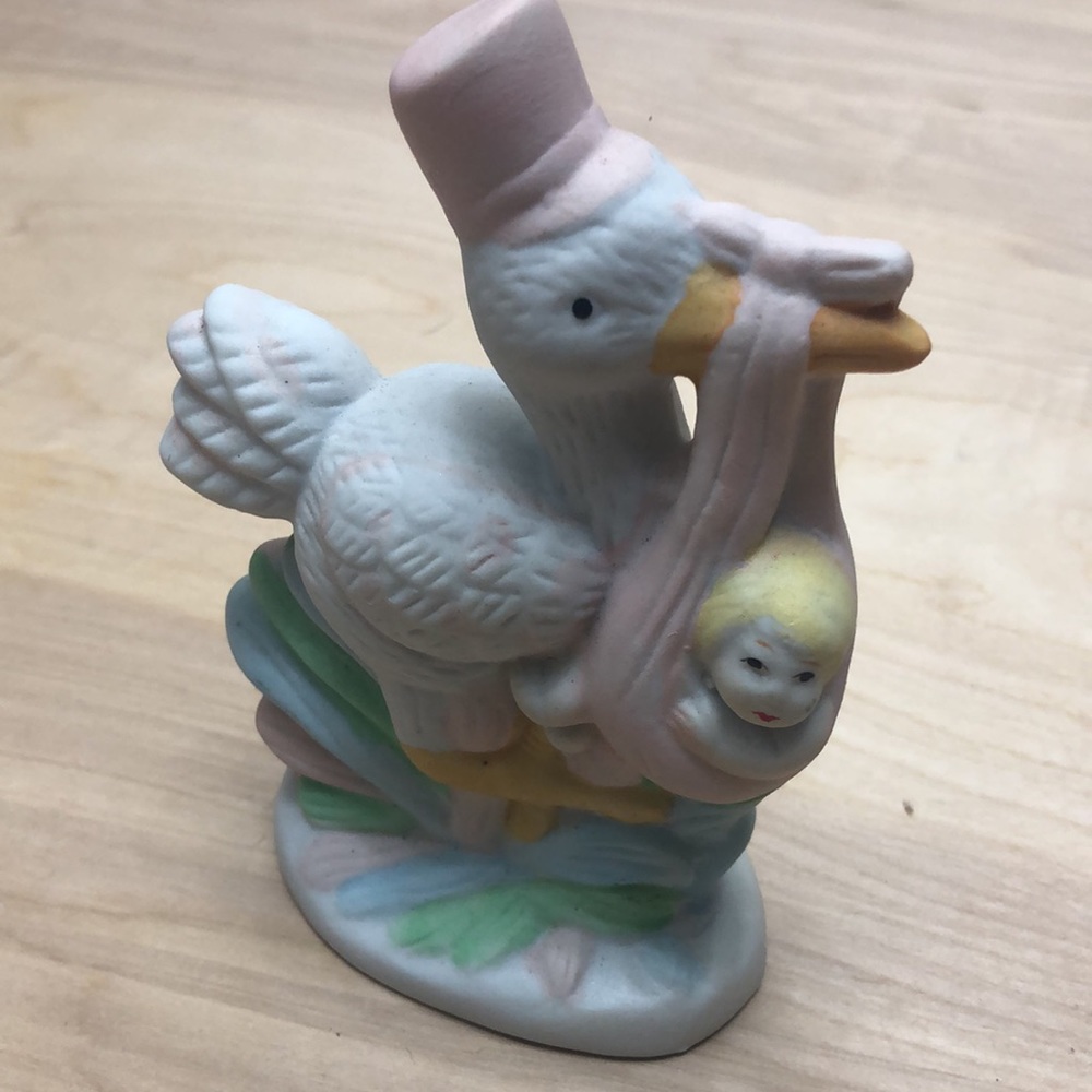 Vintage Porcelain Stork Carrying Baby in Pink Blanket